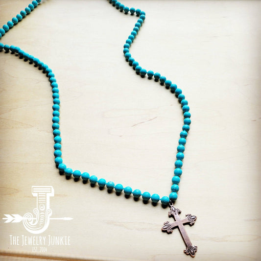 Long Turquoise Beaded Necklace w/ Copper Cross - The Mustard Seed Collection, The Seed