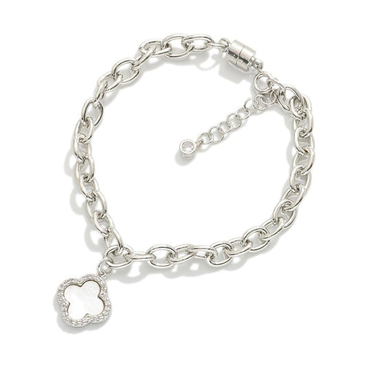 Magnetic Chain Link Bracelet Featuring Cubic Zirconia & Pearl Clover Charm Silver Black
