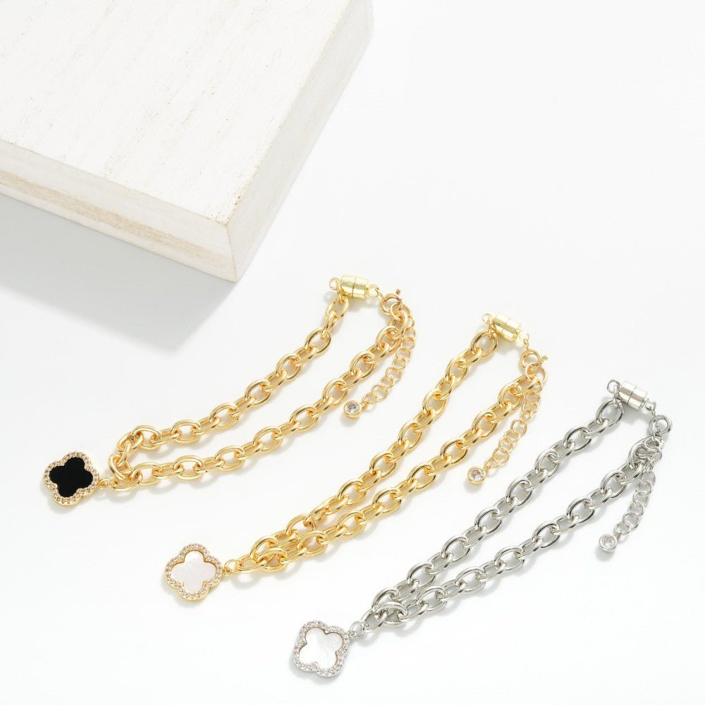 Magnetic Chain Link Bracelet Featuring Cubic Zirconia & Pearl Clover Charm - The Mustard Seed Collection, The Seed