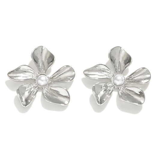 Metal Tone Flower Stud Earrings With Pearl Detail Silver