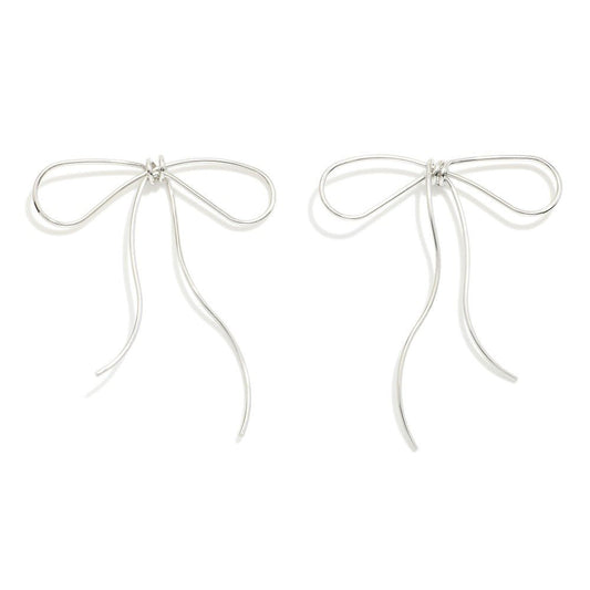 Metal Wire Bow Post Drop Earrings Silver