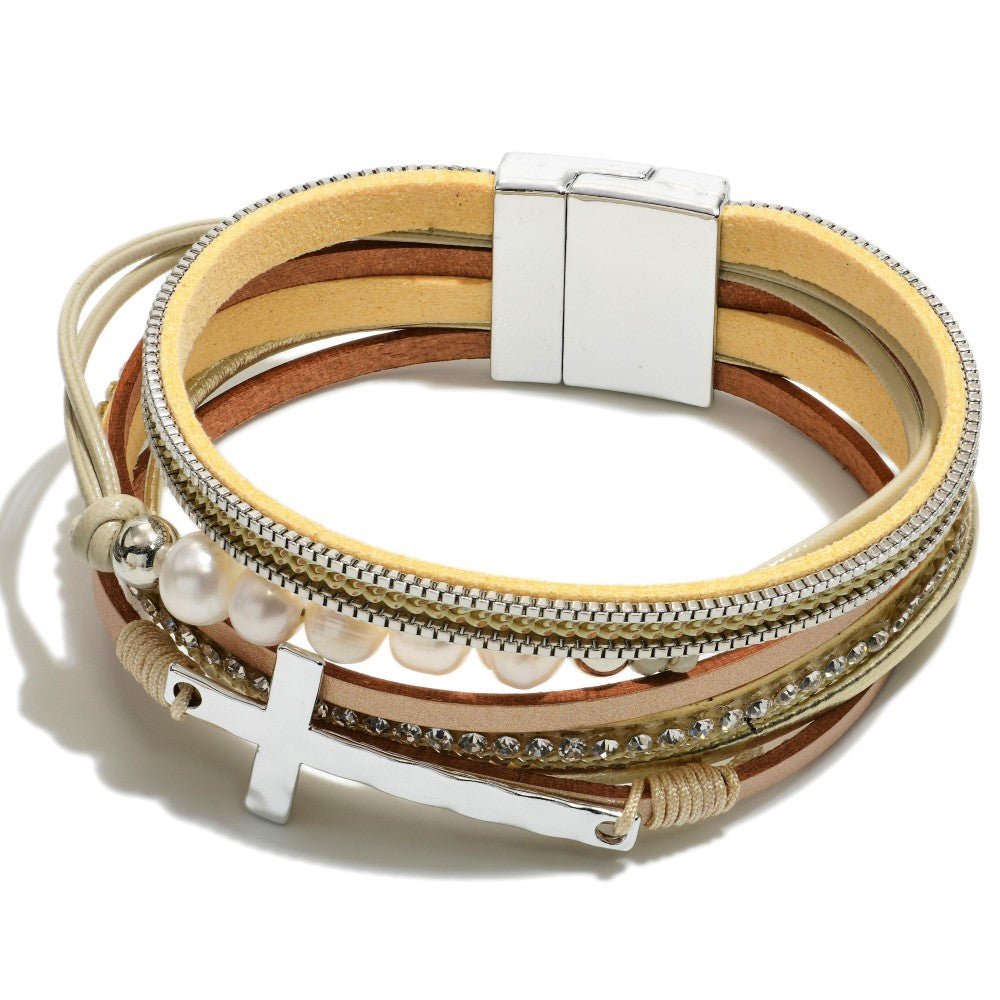 Multi Strand Magnetic Bracelet Featuring Cross And Freshwater Pearls Beige