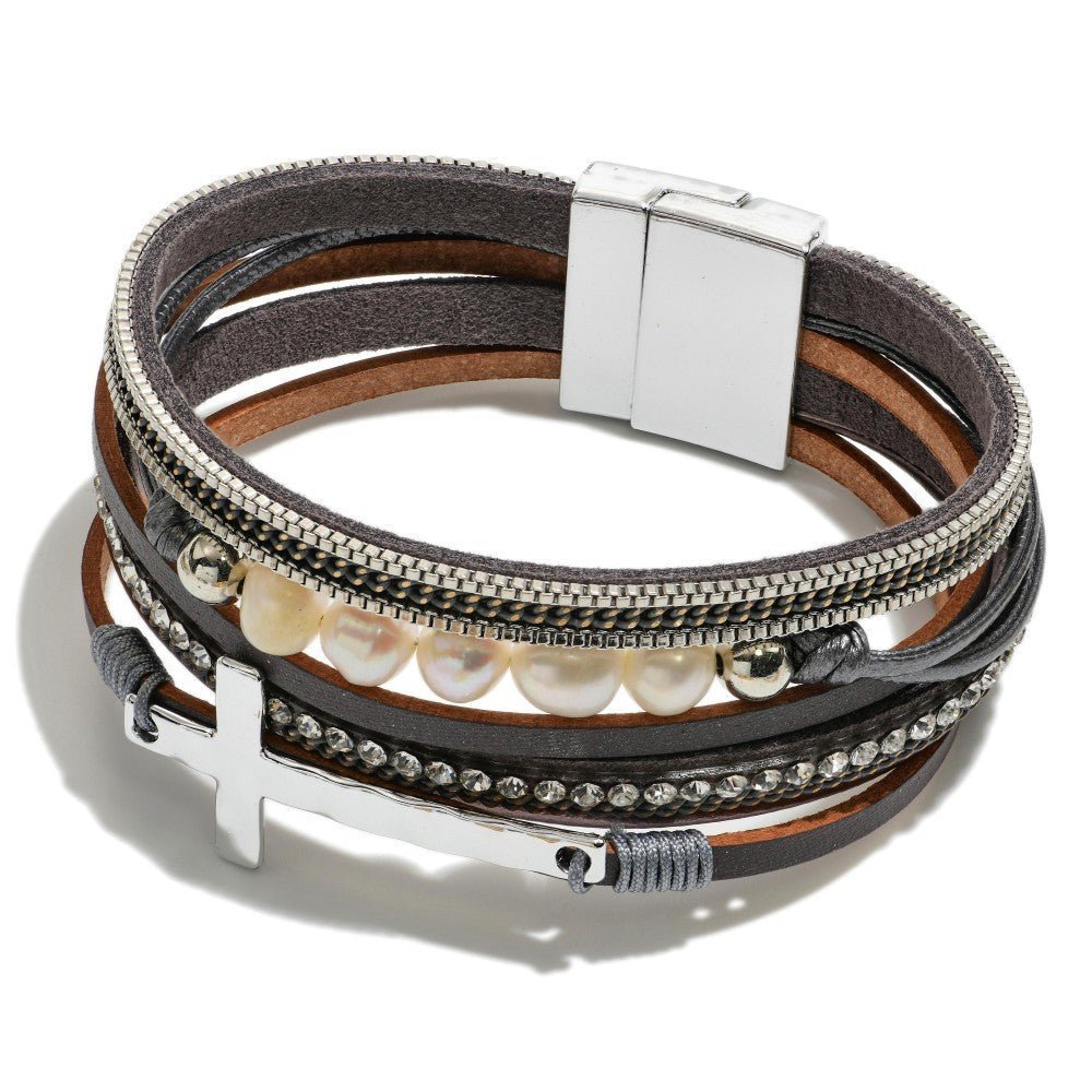 Multi Strand Magnetic Bracelet Featuring Cross And Freshwater Pearls - The Mustard Seed Collection, The Seed