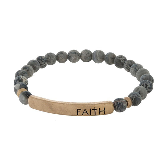 Natural Stone Beaded Faith Bar Stretch Bracelet Gray Jasper