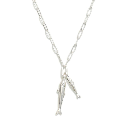 Paperclip Chain Link Necklace Featuring Fish Pendants Silver