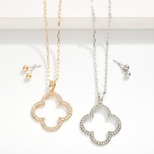Paperclip Chain Link Necklace Featuring Hollow Rhinestone Studded Clover Pendant