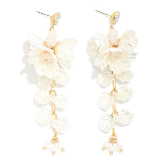 Pearlescent Linked Flower & Petal Post Drop Earrings White