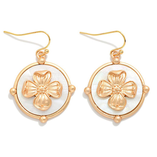 Pearlescent Medallion Drop Earrings Featuring Metal Tone Flower Detail White