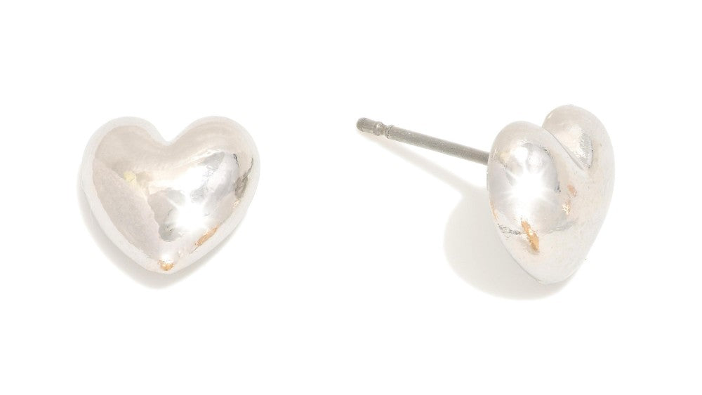 Metal Tone Puffy Heart Stud Earrings Silver
