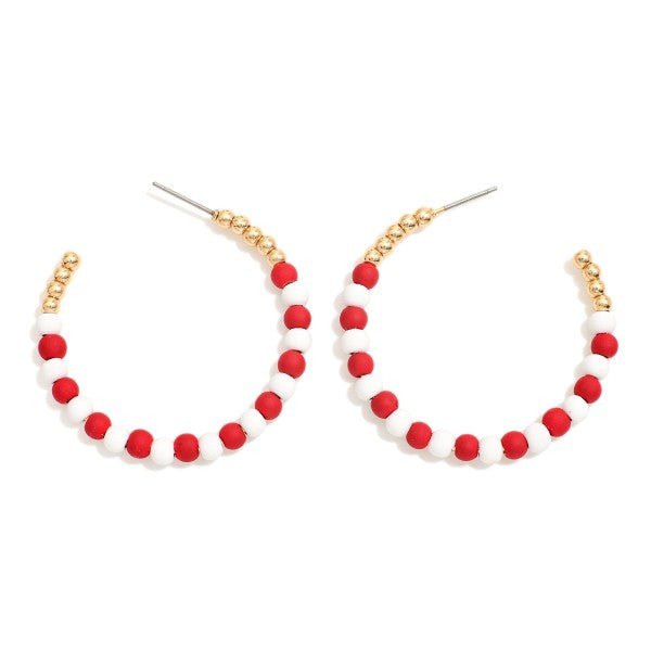 Red and White Candy Cane Beaded Hoop Earrings Featuring Matte & Gold Beads Default Title