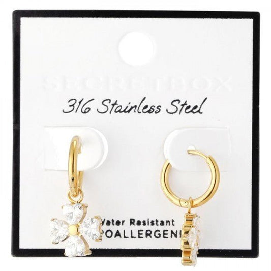 Rhinestone Clover Drop Hoop Earrings Gold