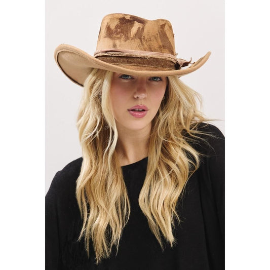Rustic Cowgirl Fedora Hat With Feather & Distressed Fabric Band