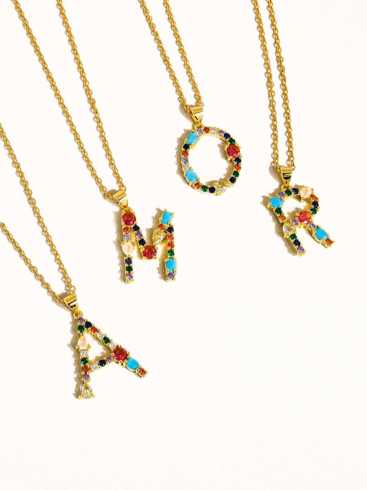 Salomé 18K Gold Non-Tarnish Colorful CZ Initial Necklace: Multi-Colored / M