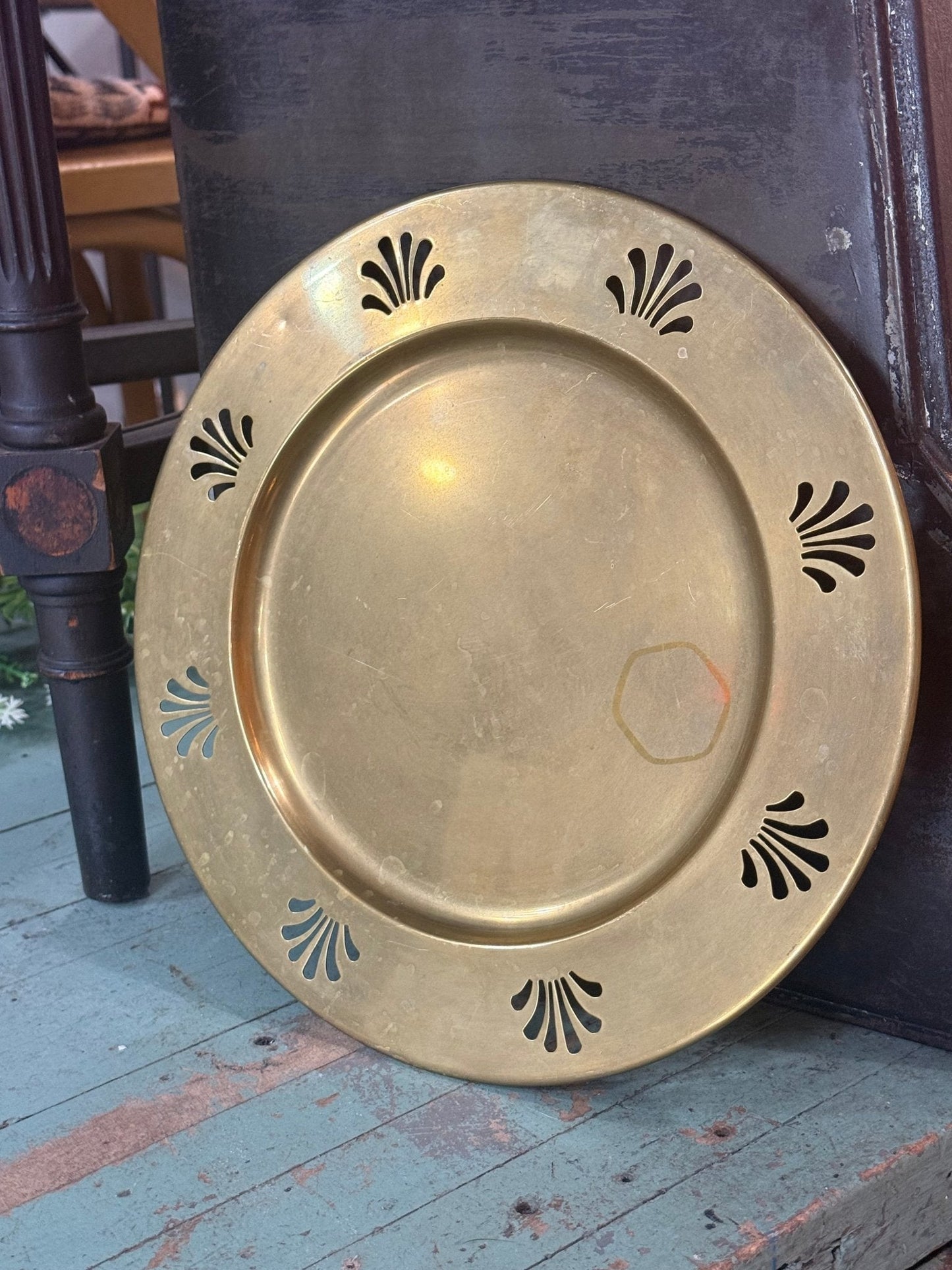 Set of 4 Vintage Brass Charger Plates with Palmette Cutouts