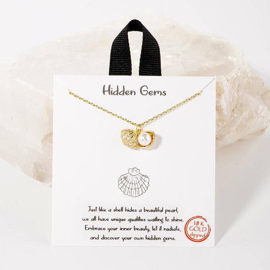 Shell Pendant With Pearl Accent Dainty Chain Link Necklace Gold