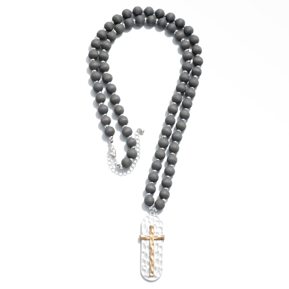 Wood Beaded Necklace With Hammered Cross Pendant Silver