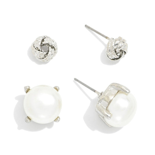 Stud Earrings: Large Pearl Studs or Metal Tone Knotted Studs