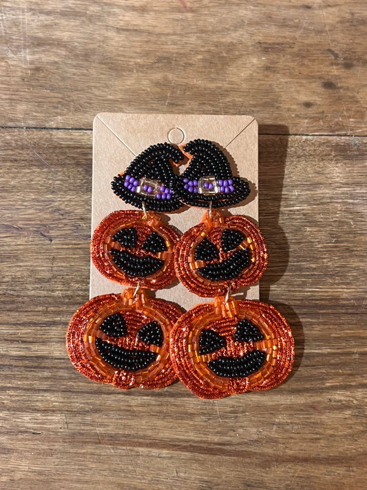 Stacked Jack-O’-Lantern Beaded Statement Earrings
