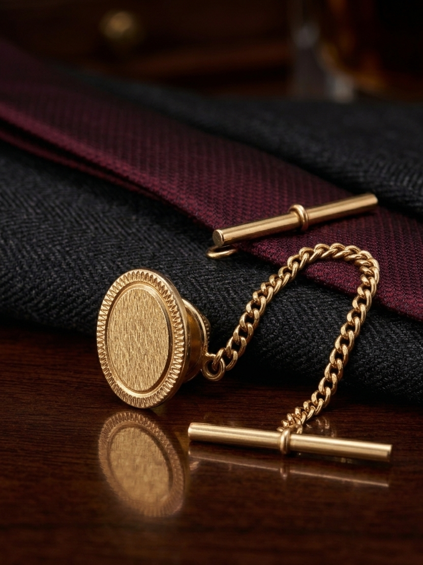 Vintage Men's Gold-Tone Textured Oval Tie Tack with Chain & T-Bar