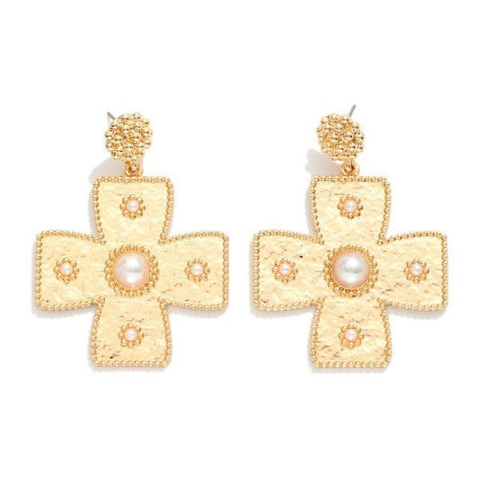 Textured Metal Plus Cross Drop Earrings Featuring Pearls - The Mustard Seed Collection, The Seed