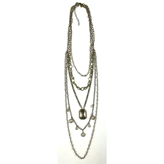 Multi Layer Strand Chain Pearl & Edged Glass Drop Necklace