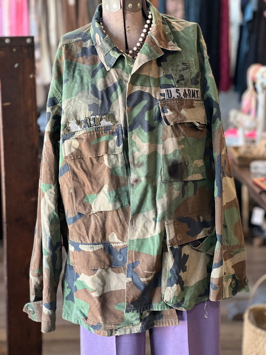 US Army Woodland Camo Jacket: Worn Patches - The Mustard Seed Collection, The Seed
