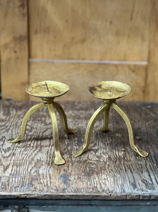 Vintage Brutalist Hand-Forged Brass Tripod Pricket Candlesticks - Pair - The Mustard Seed Collection, The Seed