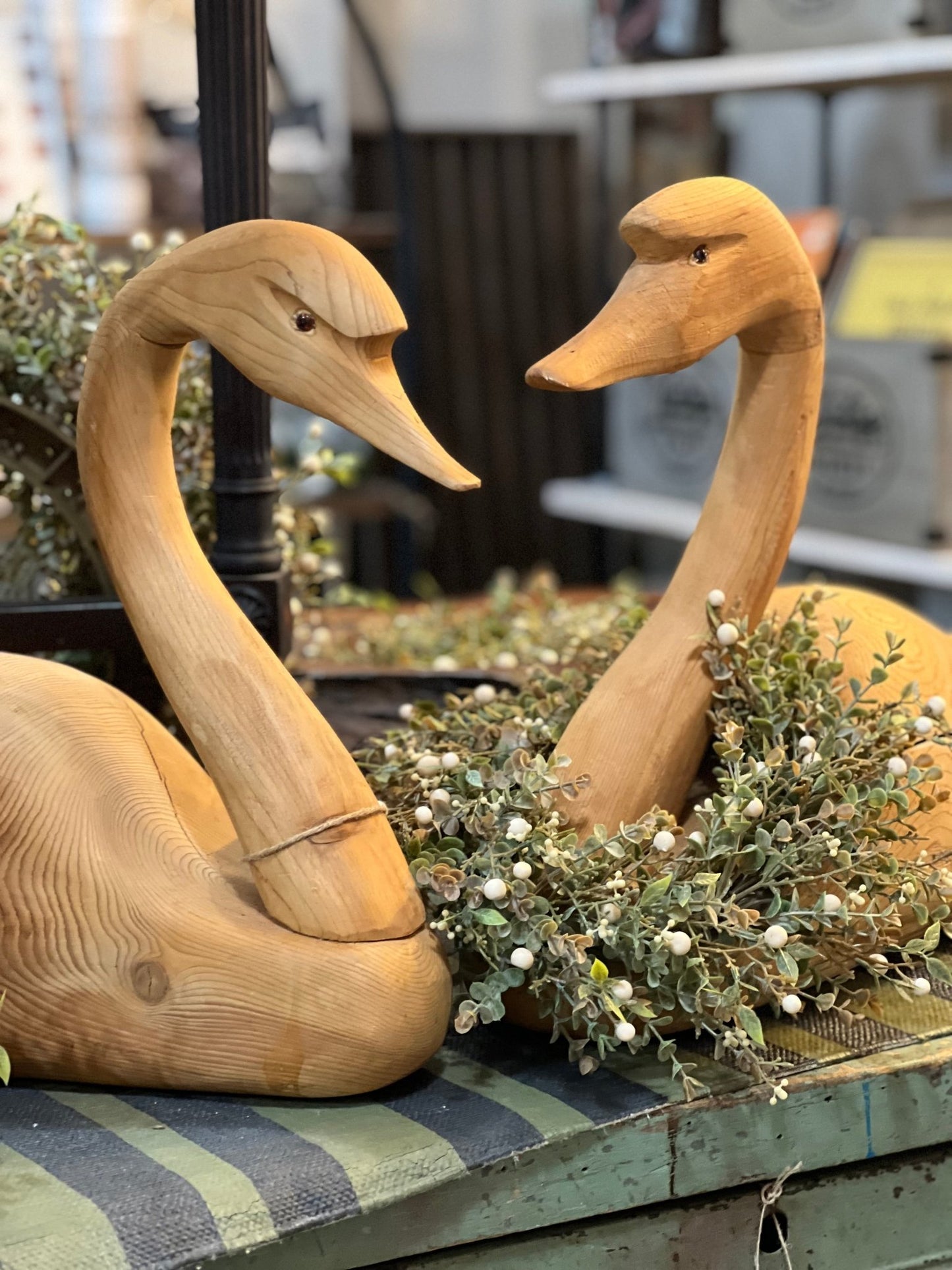 Vintage Hand-Carved Solid Wood Swan Decoys / Sculptures - Pair - The Mustard Seed Collection, The Seed