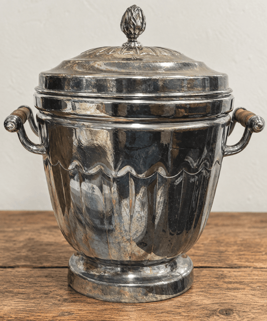 Vintage Silver Plate Covered Ice Bucket with Wooden Handles