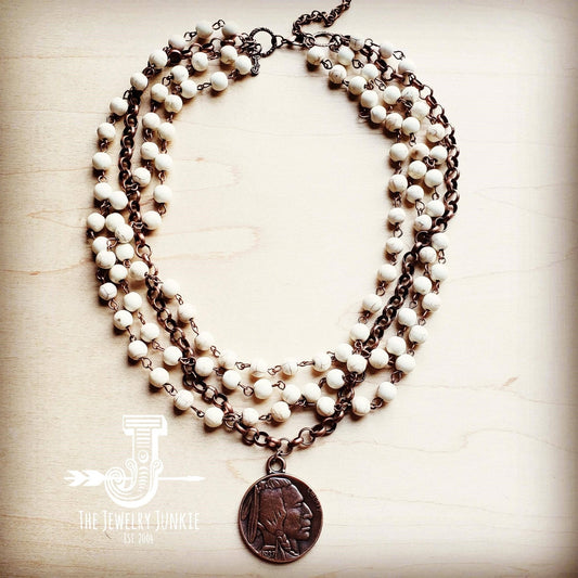 White Turquoise Copper Collar Length Necklace w/ Coin White