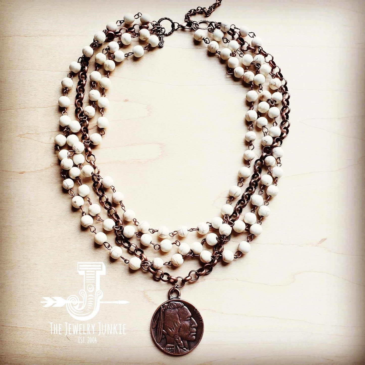 White Turquoise Copper Collar Length Necklace w/ Coin White