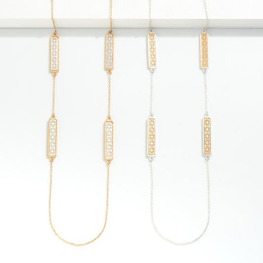 Long Metal Chain Link Necklace Featuring Laser Cut Flower Bar Charms