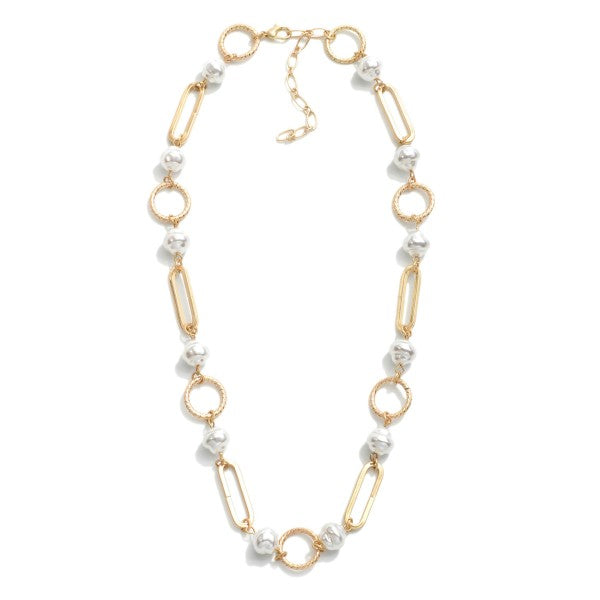 Textured & Paperclip Chain Link Necklace With Pearl Accents Judson