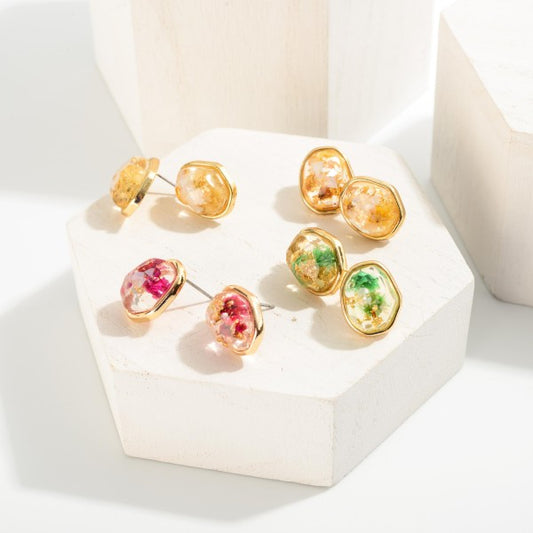 Resin Gold Tone Stud Earrings With Gold Foil