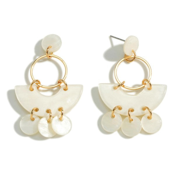 Marbled Acrylic Drop Earrings With Gold Accents White