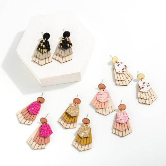 Stacked Leather Drop Earrings Featuring Woven and Tassel Details