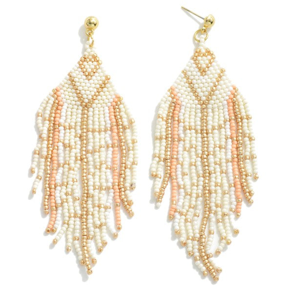 Seed Bead Tassel Drop Earrings Ivory