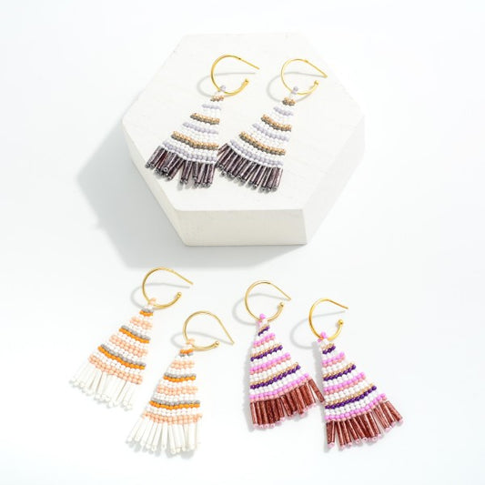 Hoop Earrings Featuring Striped Seed Bead Tassel