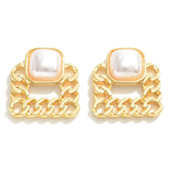 Metal Chain Link Square Post Drop Earrings Featuring Inlayed Stud Accents Gold