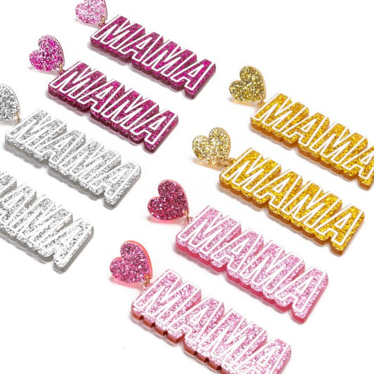 Glitter Acetate MAMA Drop Earrings With Heart Accents