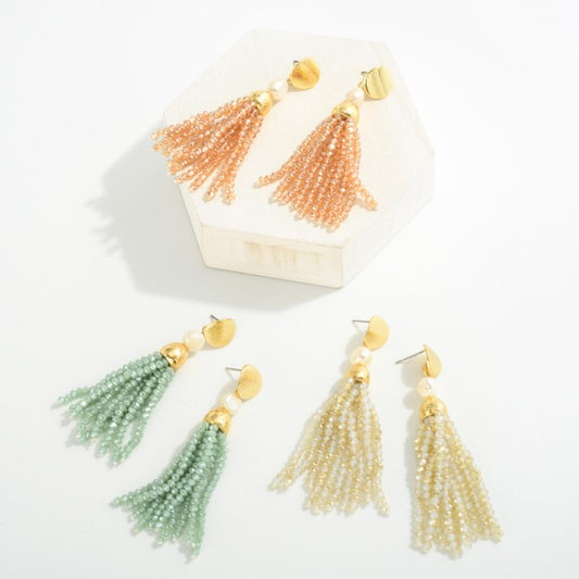 Gold Tone Pearl Drop Earrings With Beaded Tassel Details
