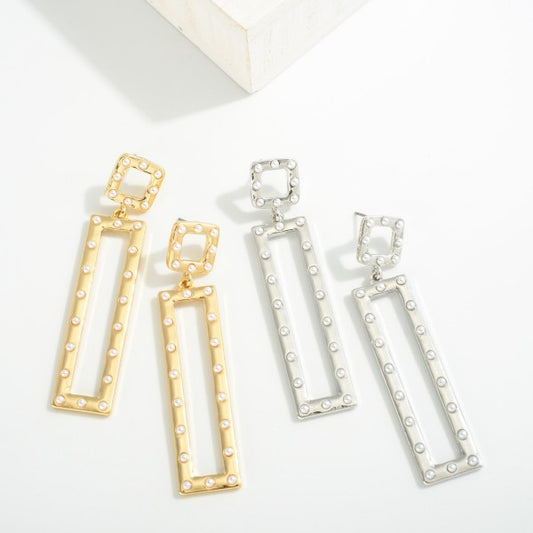 Rectangular Metal Drop Earrings With Pearl Stud Details