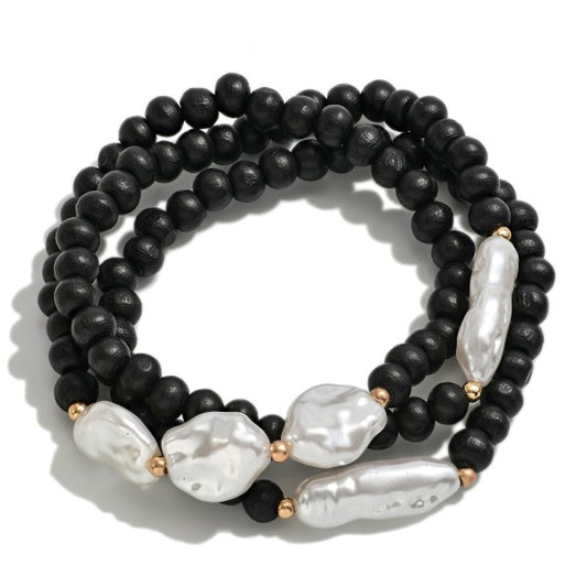 Set of Three Beaded Stretch Bracelet Featuring Wood And Pearl Beads Default Title