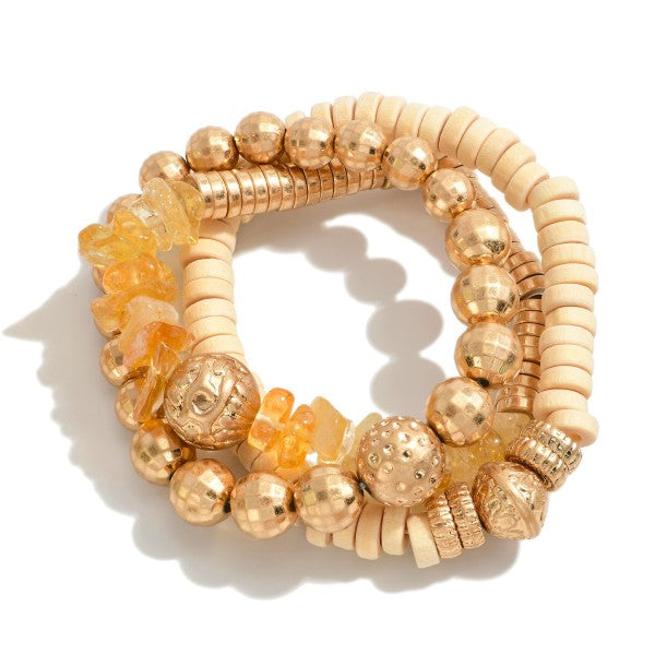 Set of Three Beaded Stretch Bracelet Featuring Stone, Gold Disco and Ornate Beads Gold Natural