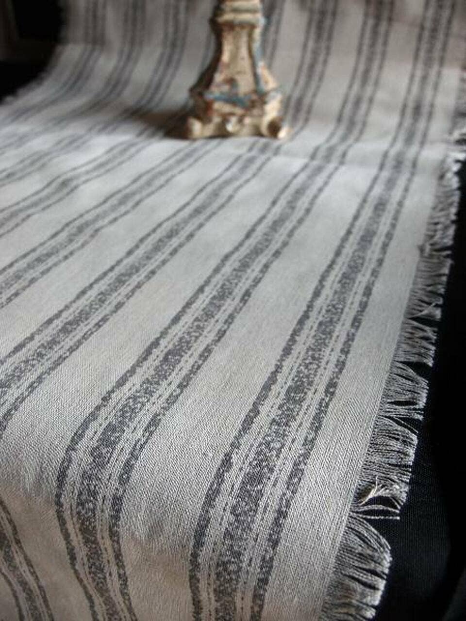 Rustic Fringed Gray Striped Linen Table Runner 19" wide