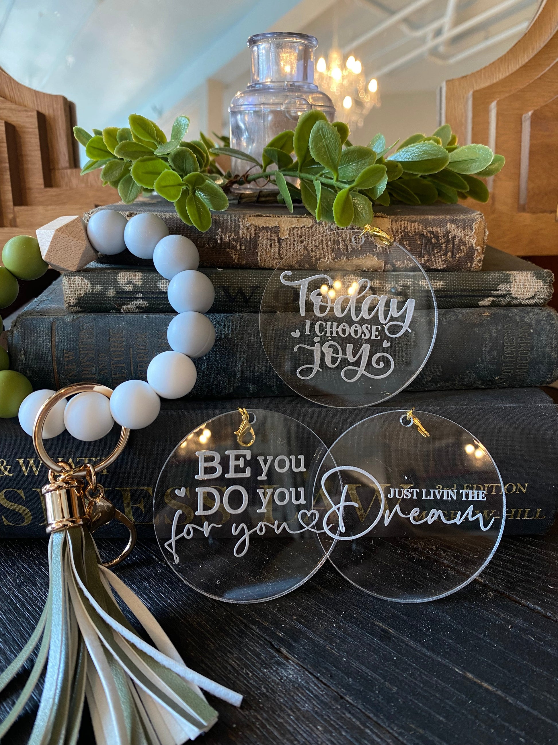 Soft Pink and Grey Marble Silicone Wristlet Beaded Key Chain Bracelet with Tassel and Motivational Engraved Acrylic Charm of choice!