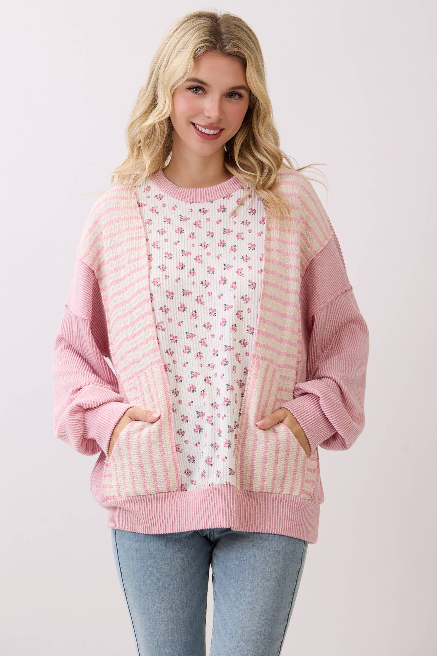 Fondant Pink Floral Rib Patchwork Pullover Top