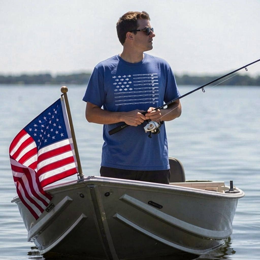 Fishing American Flag Men's T Shirt: Heather Royal