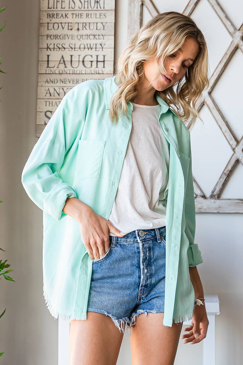Mint Solid Frayed Hem Long Sleeve Button Down Shirt