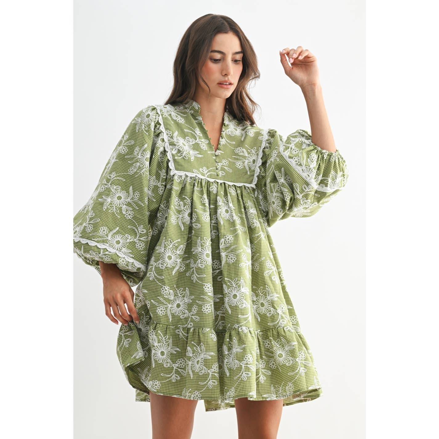 Embroidered Dress with Balloon Sleeves: Green